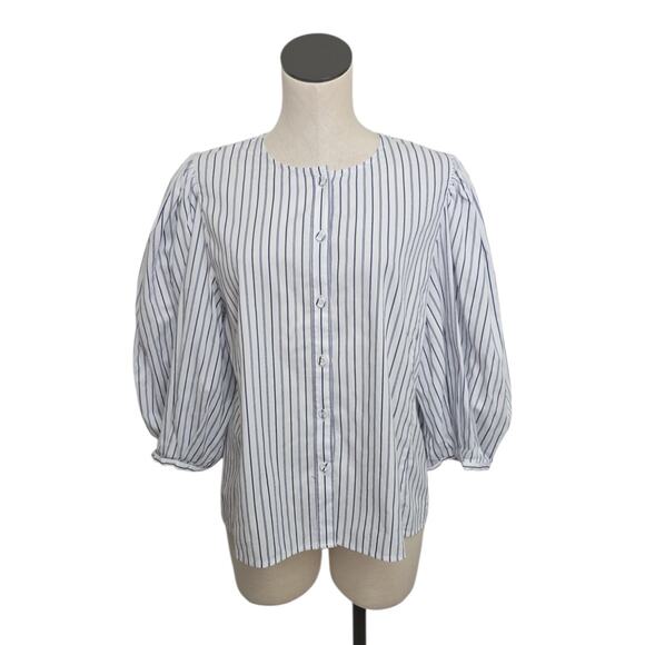 NWT Madewell Puff-Sleeve Button Up Stripe Blouse Size 14 NT779 Coastal Casual - Picture 1 of 10